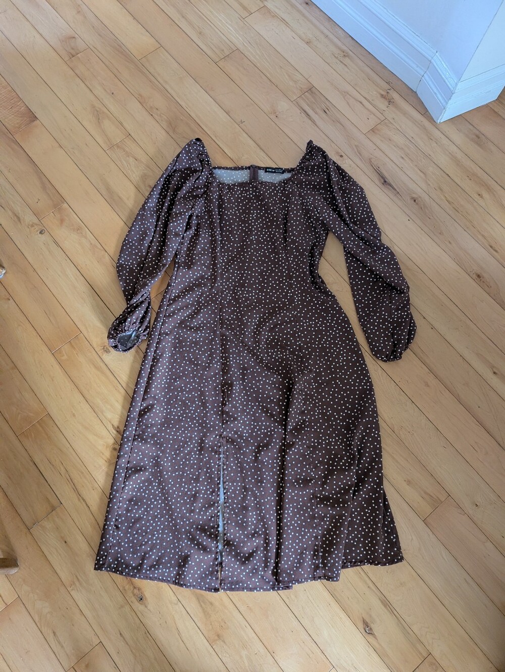 SHEIN Brown Polka Dot Long Sleeve Midi Dress